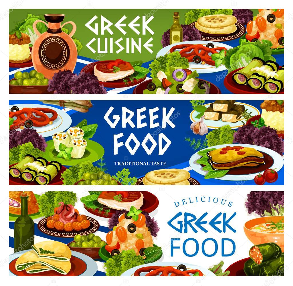 Greek salad, seafood risotto, meat moussaka, dolma