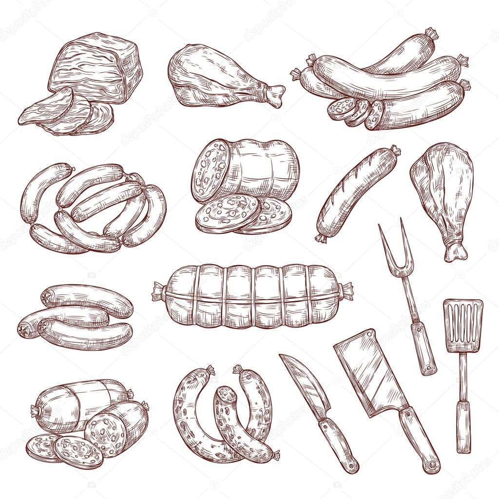 Meat sausages, ham, salami and butcher knife