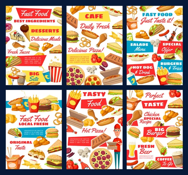 Pizza fast food, hamburger, patatine fritte, hot dog, soda — Vettoriale Stock