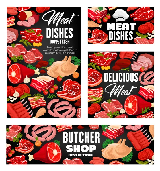 Embutidos de carne, carne de res y carne de cerdo, jamón, salami — Vector de stock