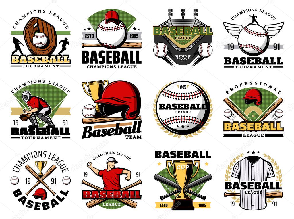 Baseball sport players, balls, bats and trophy cup