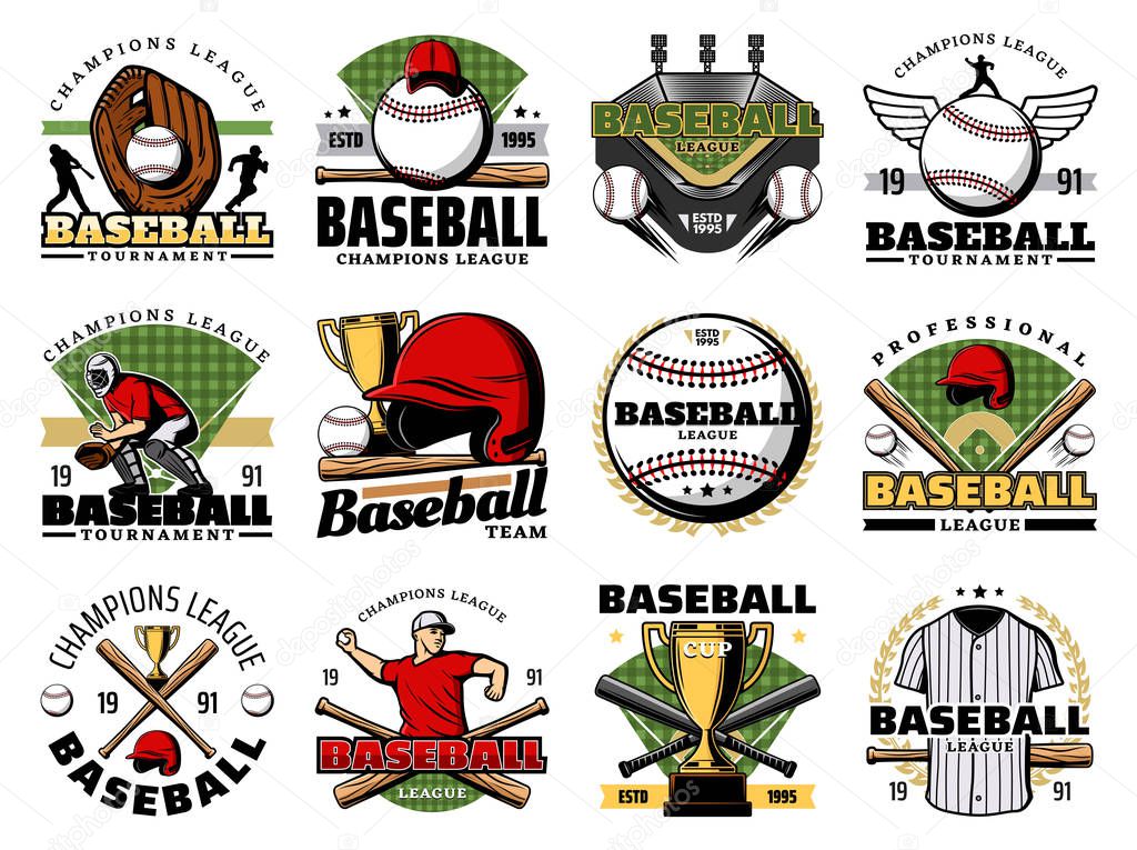 Baseball sport game champion league badges with vector balls, bats and team players. Trophy cups, stadium play fields and catcher glove, pitcher jersey, cap and winner laurel wreath retro icons