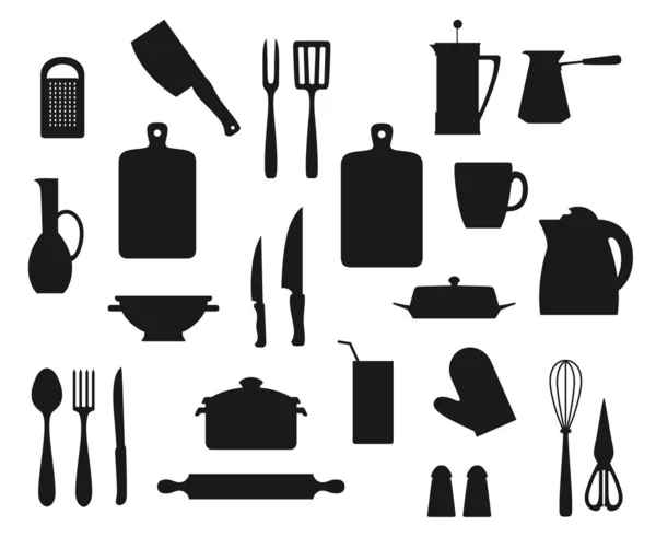 Olla, cuchara, tenedor, cuchillos. Utensilios de cocina — Vector de stock