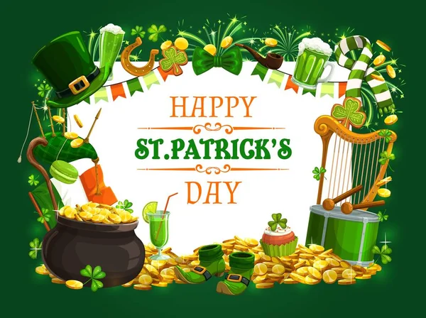 Patricks Day zielony shamrock, piwo, leprechaun złota — Wektor stockowy