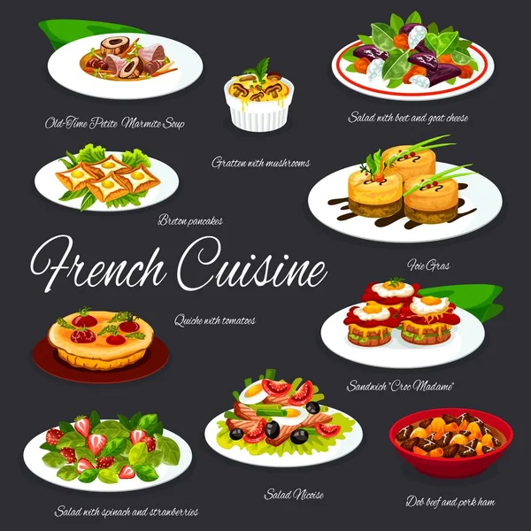 Ensaladas de comida francesa, foie gras, pescado, platos de carne — Vector de stock
