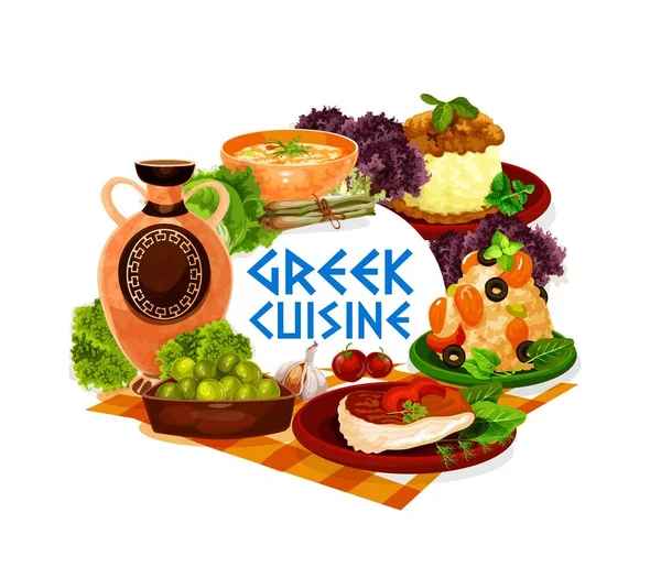 Грецькі оливки, ризотто для морепродуктів, суп і запечена риба. — стоковий вектор