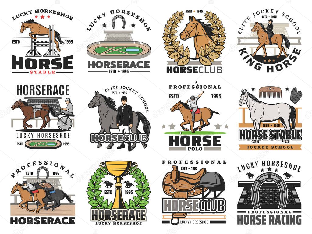 Horse and jockey vector icons of equestrian sport badges design. Thoroughbred race horses, riding club riders and polo mallet, hippodrome, trophy, equine whip and saddle, horseshoe, helmet, racetrack