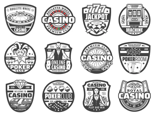 Kasyno ruletka koła, żetony, kości, karty pokerowe — Wektor stockowy