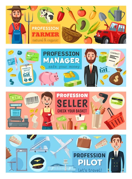 Pilot, cashier, manager and farmer professions — Stock Vector