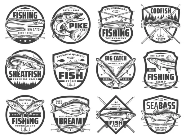 Fishing rods, fish and hooks. Fisherman club — Stock Vector