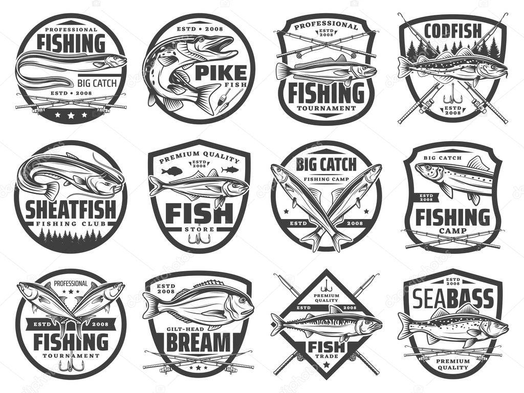 Fish, fishing rod and hook vector badges of fisherman club design. Ocean tuna, salmon and sea bass, river pike, catfish and carp, mackerel, dorado and anchovy, trout or cod symbols with fishing tackle