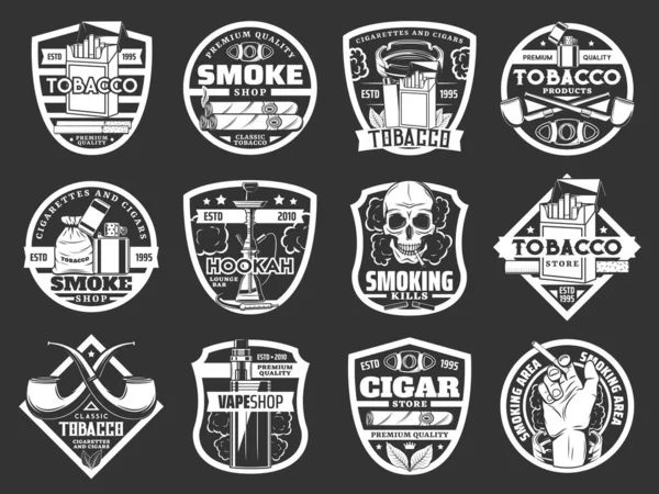 Cigarrillos, cigarros, calaveras, hojas de tabaco, vapores — Vector de stock