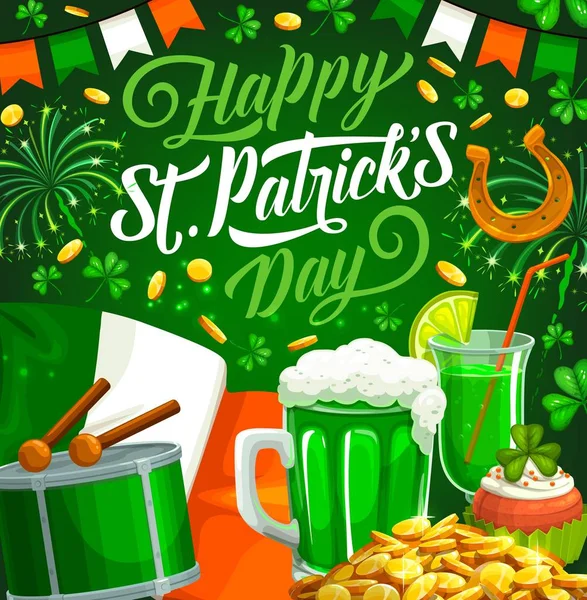 Patricks Day Trevos verdes irlandeses, cerveja, moedas de ouro —  Vetores de Stock