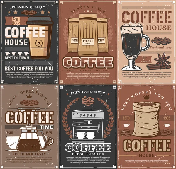 Xícaras de café, panela, máquina de café expresso, grãos torrados — Vetor de Stock