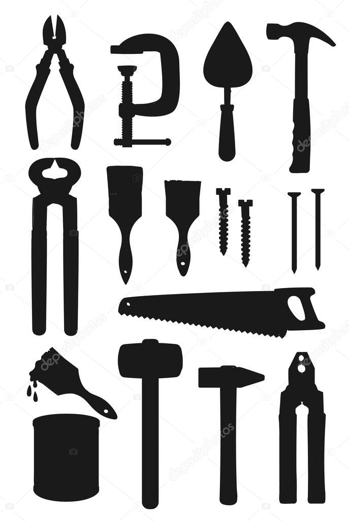 Hammer, saw, paint, brush, pliers. Work tools