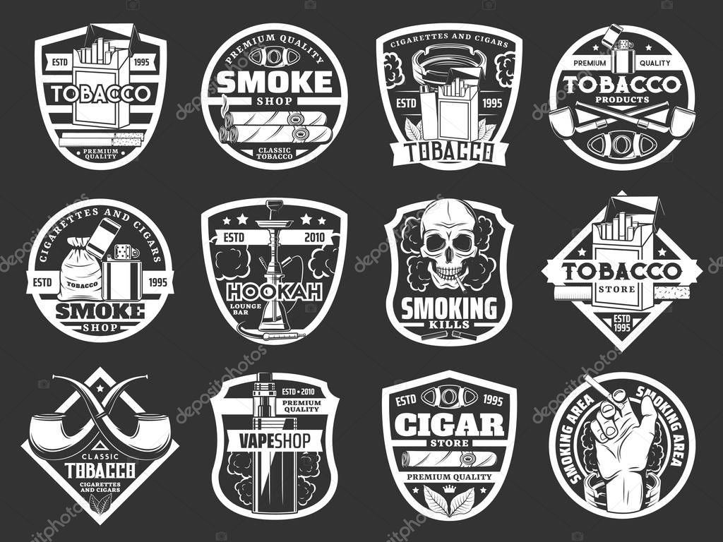 Cigarette and cigar badges of tobacco and smoke shop vector design. Cigarette packs, lighters and smoking pipes, skull, tobacco leaves and ashtray, vape, hookah and cigar cutter monochrome icons