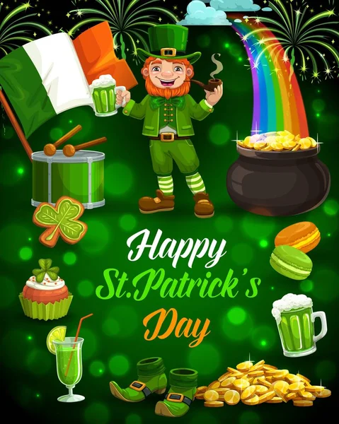 Leprechaun, cerveja, ouro, bandeira irlandesa. Dia de Patricks —  Vetores de Stock