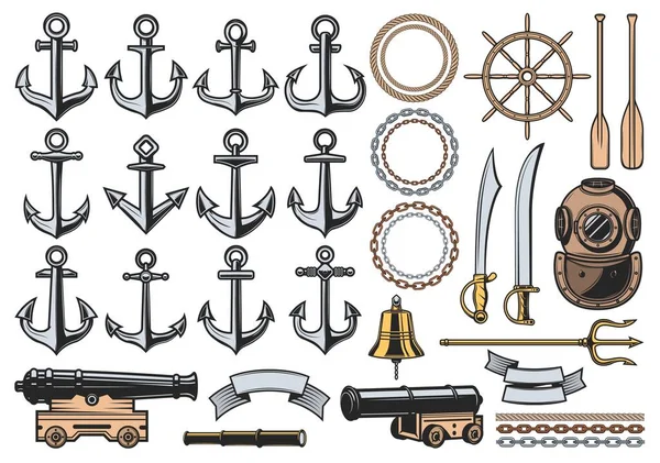 Anclajes náuticos, timón, cuerdas, cadenas y cañones — Archivo Imágenes Vectoriales