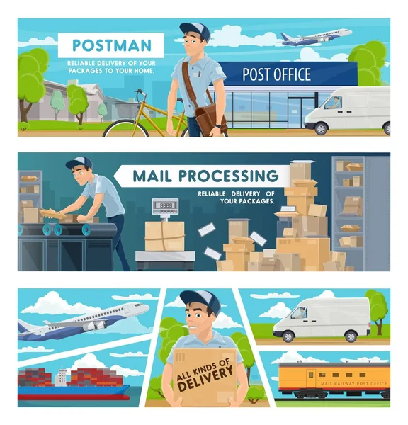 Carteiros, correios e encomendas. Entrega de correio — Vetor de Stock