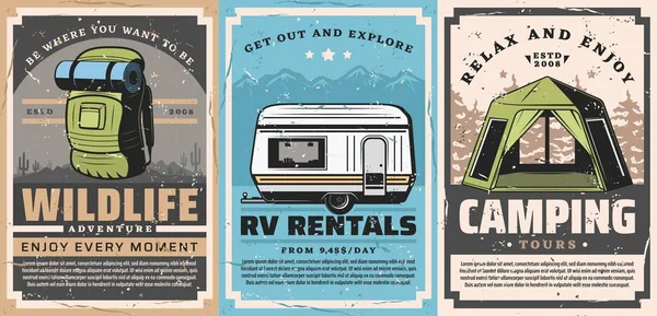 Tente de camping, sac à dos de touriste, remorque rv. Voyages — Image vectorielle