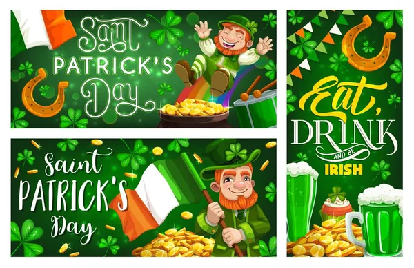 Patrick Day, tréboles irlandeses y duende — Vector de stock