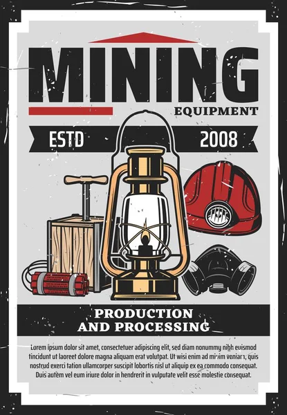 Miner helmet, lamp, dynamite and mask. Coal mining — Stockvector