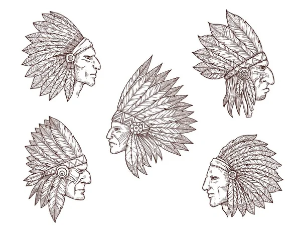 Jefes indios nativos americanos con plumas — Vector de stock