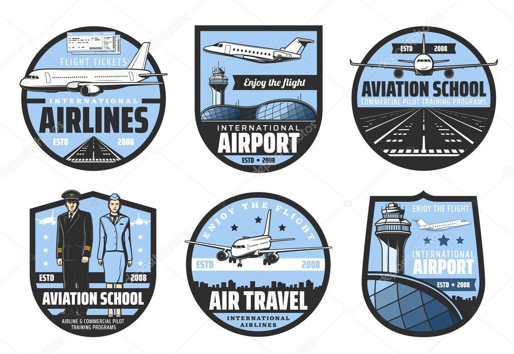 Plane, airport, pilot and flight attendant vector badges of air travel and aviation school design. Airplanes, runway and airline tickets, aircraft captain, aircrew and cabin crew retro icons