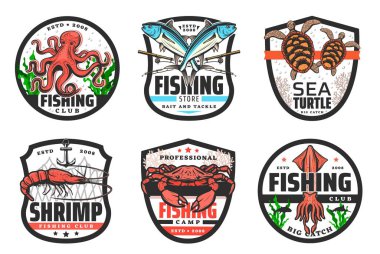 Seafood and fish with fishing rods and net icons