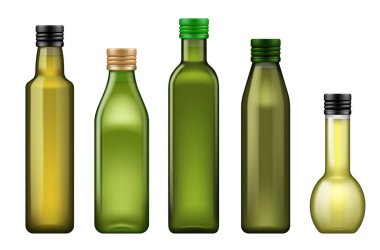 Green glass bottles of olive, sunflower, corn oil