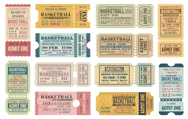 Plantillas de entradas de baloncesto deporte juego — Archivo Imágenes Vectoriales