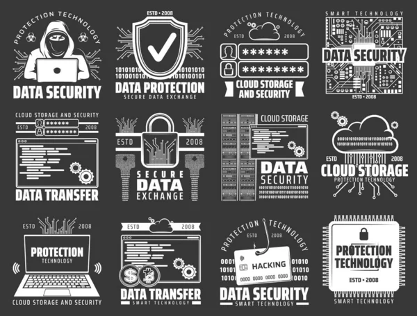 Computadora, laptop, hacker, candado, llave, nube de datos — Vector de stock