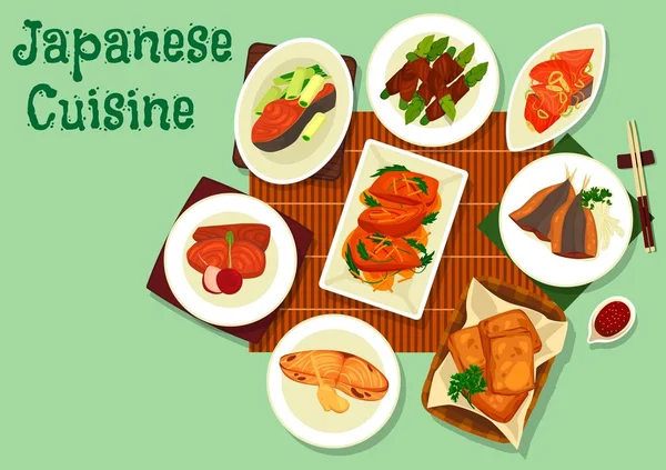 Pescado japonés y platos de carne con jengibre, salsas — Vector de stock