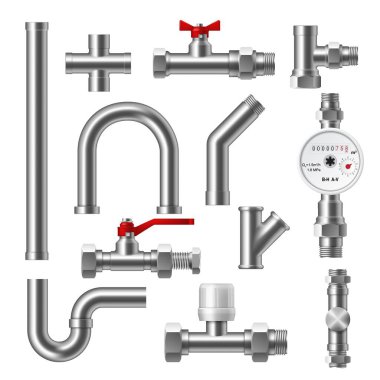 Tesisat boruları, tesisatlar, su boru hattı top valfleri ve piston akış ölçer 3D vektör tasarımı. Plastik, pvc veya çelik armatürler, dirsek, tee ve çapraz başlıklı adaptörler, indirgeyiciler, kapaklar ve borular