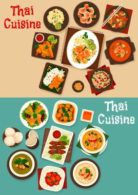 Tayland deniz ürünleri ve et vektör yemekleri pilav, erişte. Tom yum ve kha gai çorbaları sebze, tavuk ve karides, fındık ve zencefil sosu, börek, köri ve domuz eti, meyve salatası, dondurma