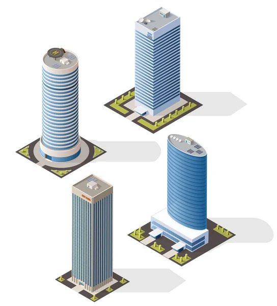 摩天大楼3D等距设计 银行和办公室的向量房 商业中心塔 商业房地产和带有玻璃立面 停车场的豪华公寓建筑 — 图库矢量图片