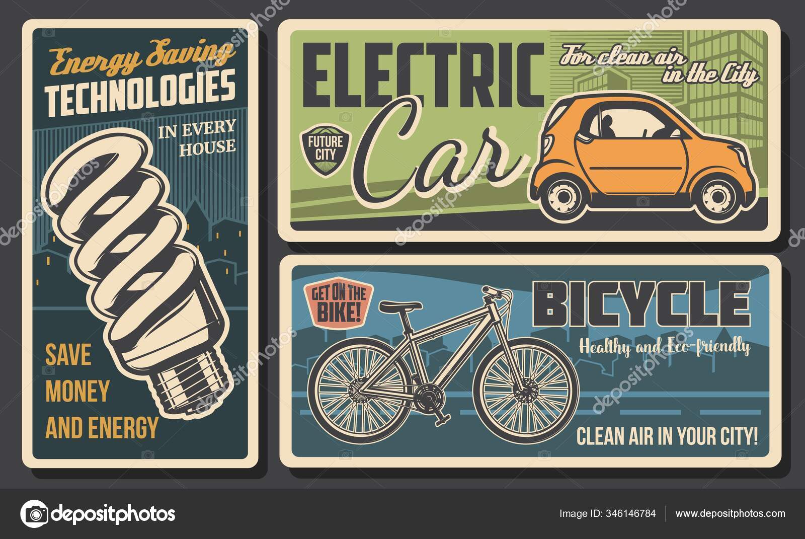 Electric car, energy savings light bulb, bicycle Stock Vector by  ©Seamartini 346146784