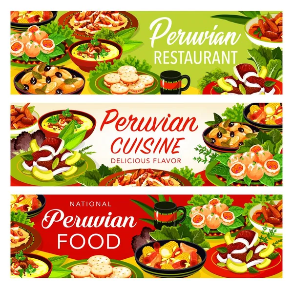 Peru et yahnisi, balık ceviche, sebze salatası. — Stok Vektör