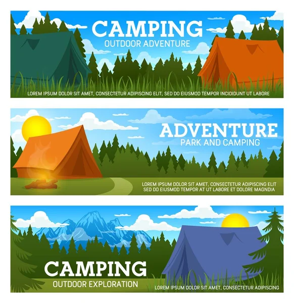 Tentes de camping et feu de camp, arbres forestiers et montagne — Image vectorielle