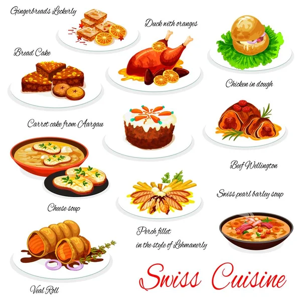 Ελβετική κουζίνα Χριστουγεννιάτικα πιάτα με gingerbreads — Διανυσματικό Αρχείο