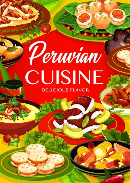 Platos peruanos de carne, verduras, pescado, galletas — Archivo Imágenes Vectoriales