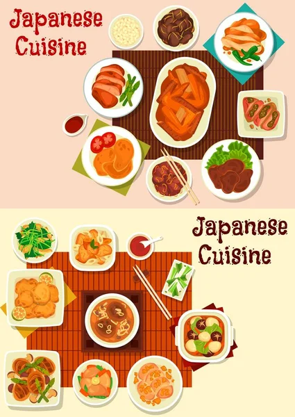 Japanese meat dishes with Asian sauces and veggies — Stock Vector