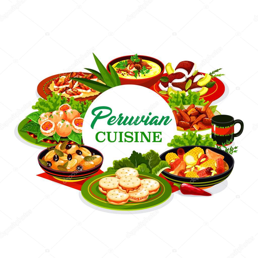Peruvian cuisine meat and vegetable dishes with fish ceviche and dessert vector icon. Corn beef stew, grilled chicken salad and baked potato with olives, shrimp croquettes, oxtail soup and cookies