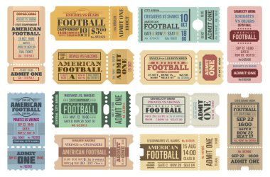 Amerikan futbol maçı biletleri spor topu vektörü ayarlandı. Şampiyonluk kupası maçı bir kupon, stadyum yarışması ya da spor salonu retro davetiyesi ya da erişim kartı.