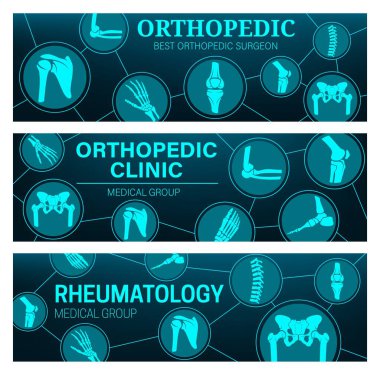 Eklemleri ve anatomisi olan romatoloji ve ortopedik tıbbi klinik taşıyıcı pankartları. Bacak, el, diz ve omurga, ayak, leğen kemiği, omuz ve dirsek ile eklem iltihabı ve tomografisi.