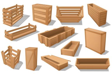 Wooden box, container, packages and realistic crate. Cargo delivery, shipping and storage theme vector. Wood cases and packages, shipping containers, warehouse packs and parcels made of timber planks clipart