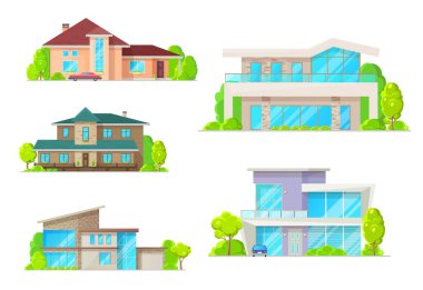 Özel evler ve evler, emlak vektörü düz cephe simgeleri. Modern aile evi, lüks villa, malikane ve kulübe, konak mülkü, garaj ve bahçeli dubleks daireler