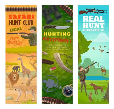 Vektör avcıları, hayvanlar, av ekipmanları ve cephaneli spor afişleri. Silahlı ve tüfekli avcı, ördekler ve geyikler, Afrika safari aslanı, fil ve jaguar, köpek, pusula ve dürbün