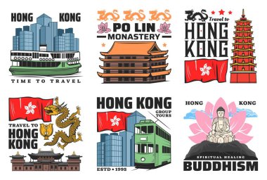 Hong Kong 'da tarihi binalar vektör simgeleri dolaşır. Tian Tan Buddha, Bin Buda tapınağı kulesi ve Po Lin manastırı, Chi Lin manastırı ve çift katlı manastır, feribot ve ejderha.