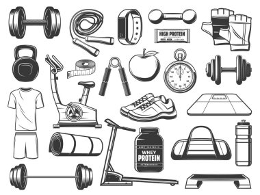 Spor aletleri, spor malzemeleri vektör simgeleri. Dambıllar, halter ve şişe, ağırlık tartıları, spor ayakkabıları ve elma, ip atlama, kronometre ve kettlebell, mezura, bisiklet
